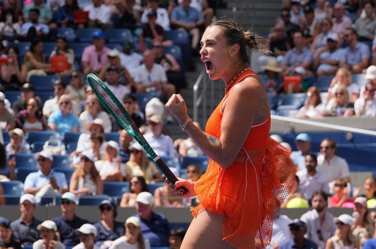 August 31, 2026; New York, United States;  Belarus' Aryna Sabalenka reacts during her first round match against Colombia's Camila Osorio.  Mandatory Credit: Robert Deutsch-Imagn Images