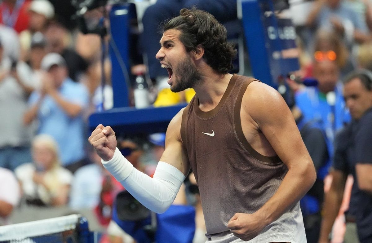 August 31, 2026; New York, United States;  Spain's Carlos Alcaraz celebrates after winning his first round match against Russia's Roman Safiullin.  Mandatory Credit: Robert Deutsch-Imagn Images