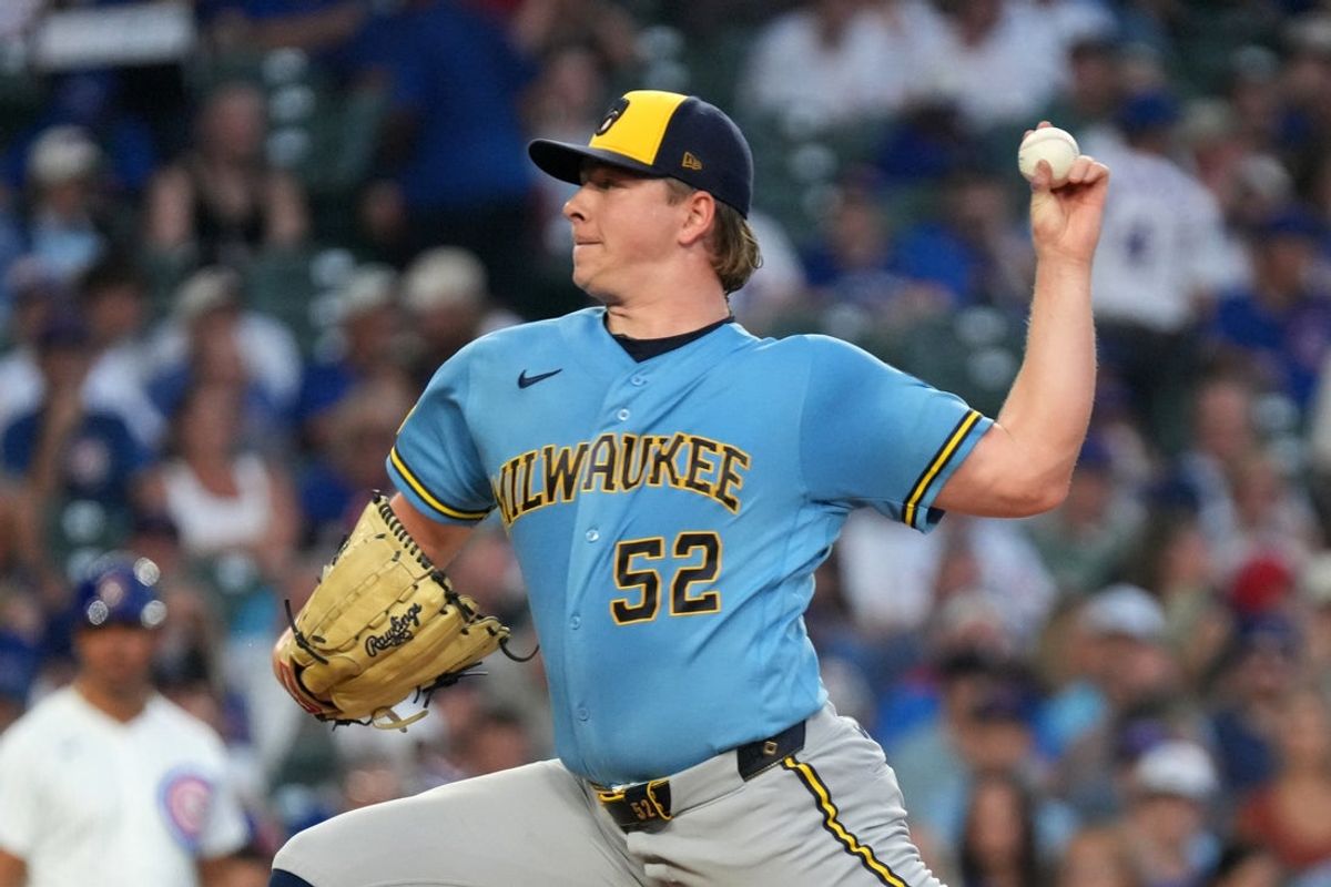Aug 31, 2026; Chicago, Illinois, USA;  Milwaukee Brewers pitcher Kyle Harrison (52) throws a pitch against the Chicago Cubs during the first inning at Wrigley Field.  Mandatory Credit: David Banks-Imagn Images