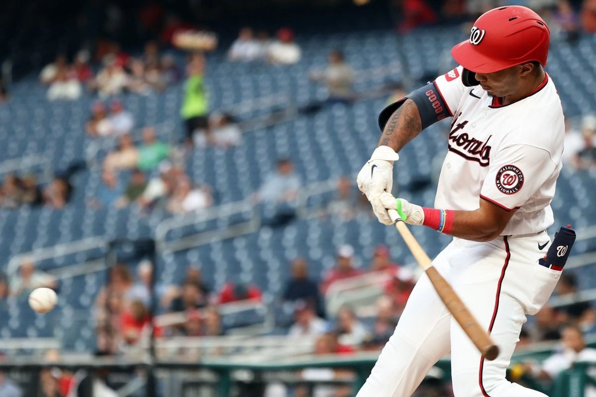 Aug 31, 2026; Washington, District of Columbia, USA;  Washington Nationals left fielder Daylen Lile (4) hits a single during the first inning against the Miami Marlins at Nationals Park.  Mandatory Credit: Daniel Kucin Jr.-Imagn Images