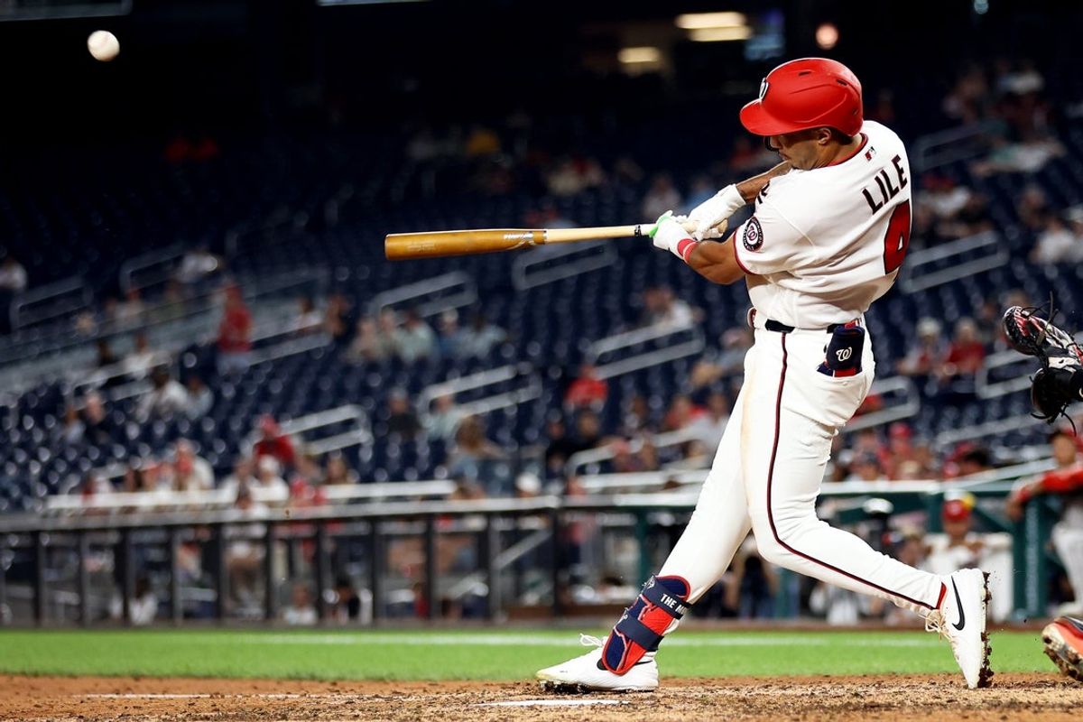 Aug 31, 2026; Washington, District of Columbia, USA;  Washington Nationals left fielder Daylen Lile (4) hits a home run during the fifth inning against the Miami Marlins at Nationals Park.  Mandatory Credit: Daniel Kucin Jr.-Imagn Images