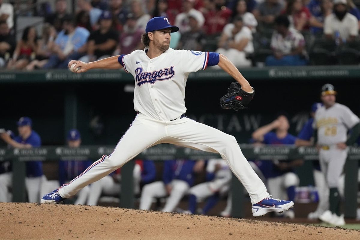 Aug 31, 2026; Arlington, Texas, USA;  Texas Rangers pitcher Jacob deGrom (48) throws to the plate against the Athletics during the seventh inning at Globe Life Field. Mandatory Credit: Raymond Carlin III-Imagn Images
