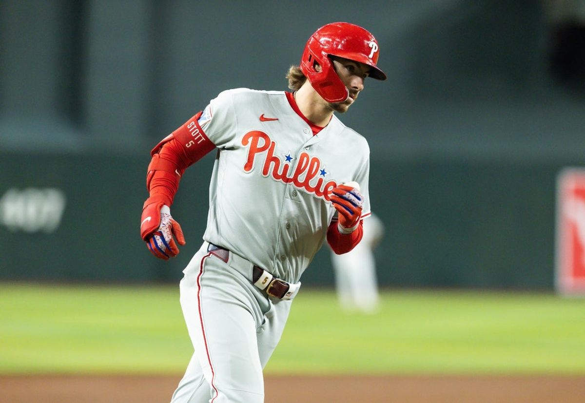 Aug 31, 2026; Phoenix, Arizona, USA; Philadelphia Phillies infielder Bryson Stott rounds the bases after hitting a solo home run in the second inning against the Arizona Diamondbacks at Chase Field. Mandatory Credit: Mark J. Rebilas-Imagn Images