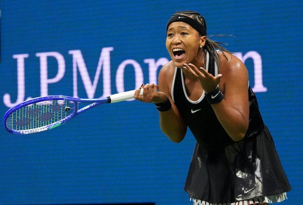 September 1, 2026; New York, United States; Japan's Naomi Osaka reacts during her first round match against Russia's Anastasia Zakharova.  Mandatory Credit: Robert Deutsch-Imagn Images