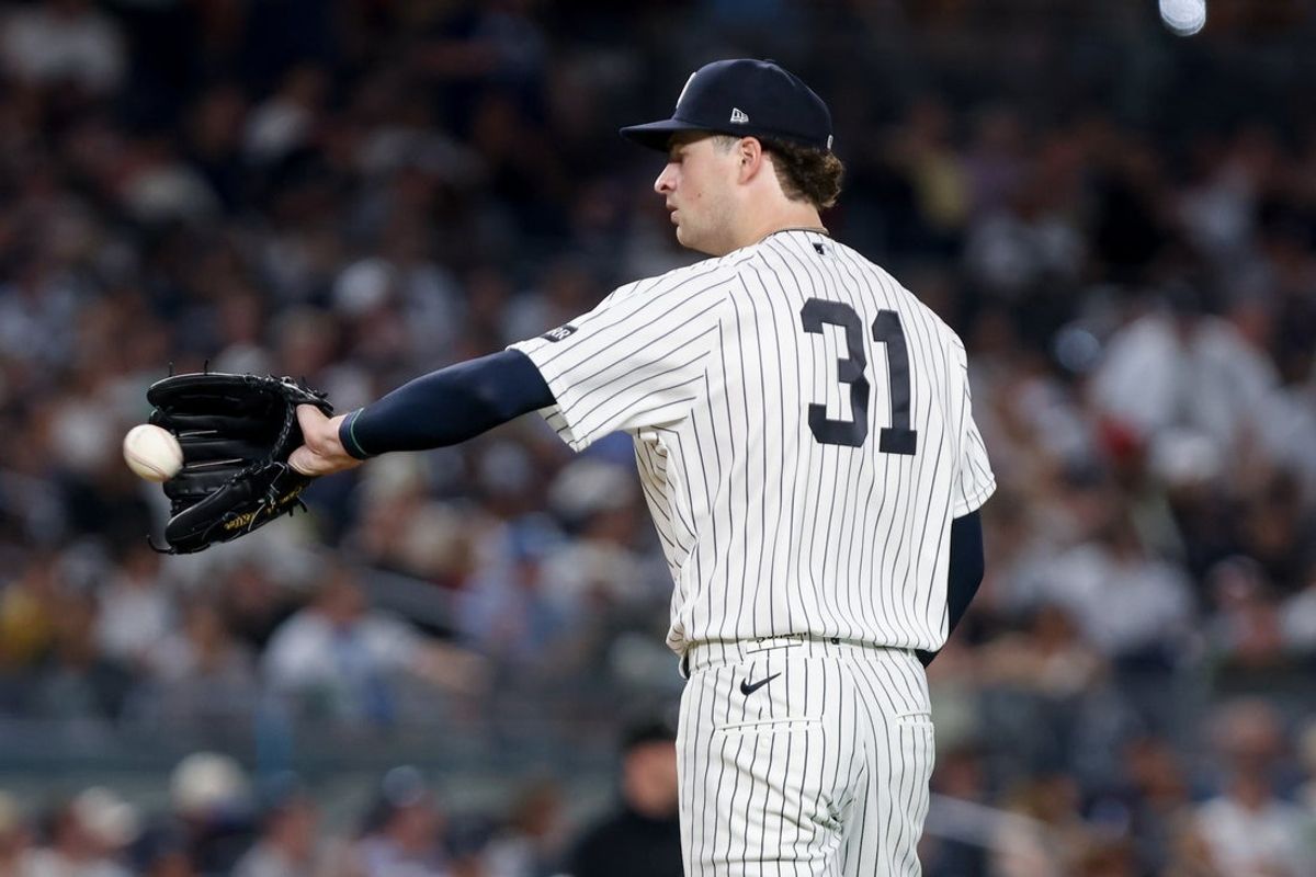 Aug 28, 2026; Bronx, New York, USA; New York Yankees pitcher Cam Schlittler (31) pitches against the Boston Red Sox during the fifth inning at Yankee Stadium. Mandatory Credit: Tom Horak-Imagn Images