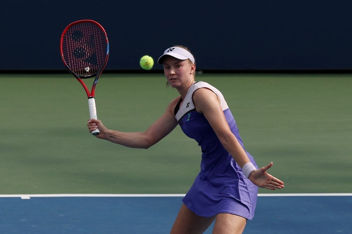 September 1, 2026; New York, United States;  Kazakhstan's Elena Rybakina in action during her first round match against Thea Frodin of the U.S.  Mandatory Credit: Amber Searls-Imagn Images