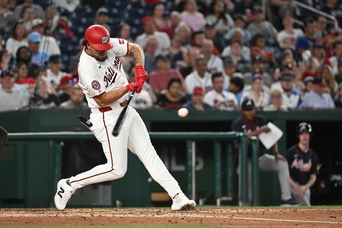 Sep 1, 2026; Washington, District of Columbia, USA; Washington Nationals designated hitter Yohandy Morales (28) hits a solo home run against the Atlanta Braves during the third inning at Nationals Park. Mandatory Credit: Brad Mills-Imagn Images