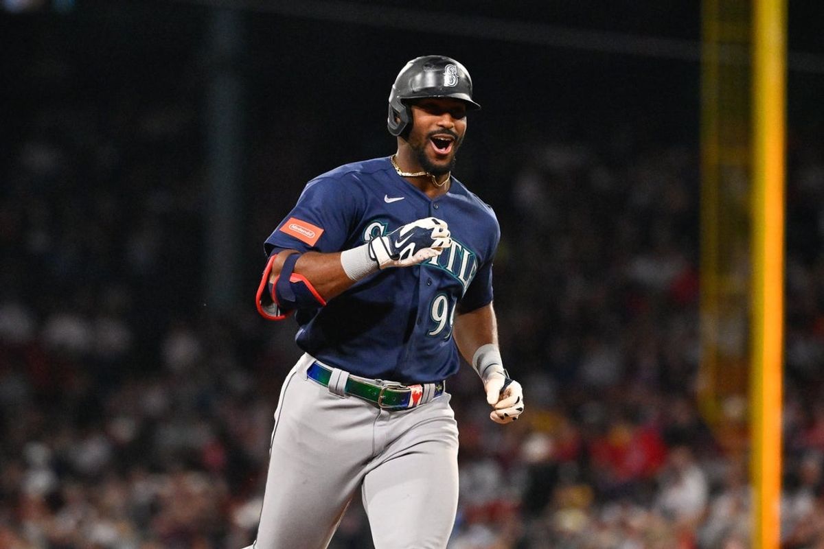 Sep 1, 2026; Boston, Massachusetts, USA; Seattle Mariners designated hitter Lazaro Montes (99) reacts as he runs the bases after hitting a home run during the fifth inning against the Boston Red Sox at Fenway Park. Mandatory Credit: Eric Canha-Imagn Images