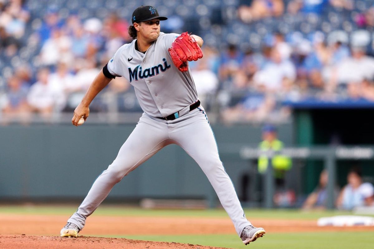 Sep 1, 2026; Kansas City, Missouri, USA;  Miami Marlins pitcher Tyler Phillips (30) pitches during the first inning against the Kansas City Royals at Kauffman Stadium.  Mandatory Credit: William Purnell-Imagn Images