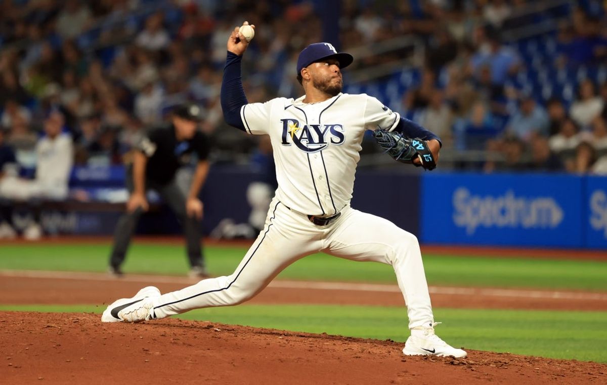 Sep 1, 2026; St. Petersburg, Florida, USA;  Tampa Bay Rays starting pitcher Freddy Peralta (51) throws a pitch during the sixth inning against the New York Mets  at Tropicana Field.  Mandatory Credit: Kim Klement Neitzel-Imagn Images