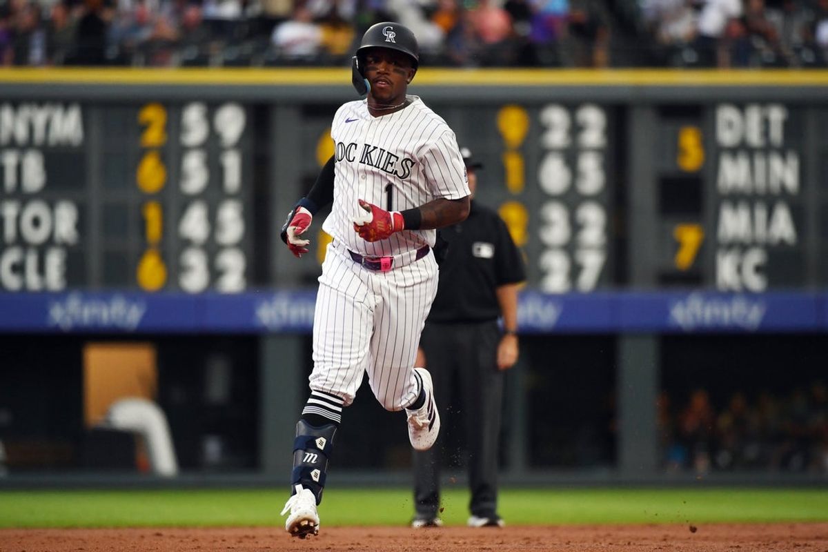 Sep 1, 2026; Denver, Colorado, USA; Colorado Rockies infielder Adael Amador (1) runs the bases after a home run in the second inning against the Baltimore Orioles at Coors Field. Mandatory Credit: Christopher Hanewinckel-Imagn Images
