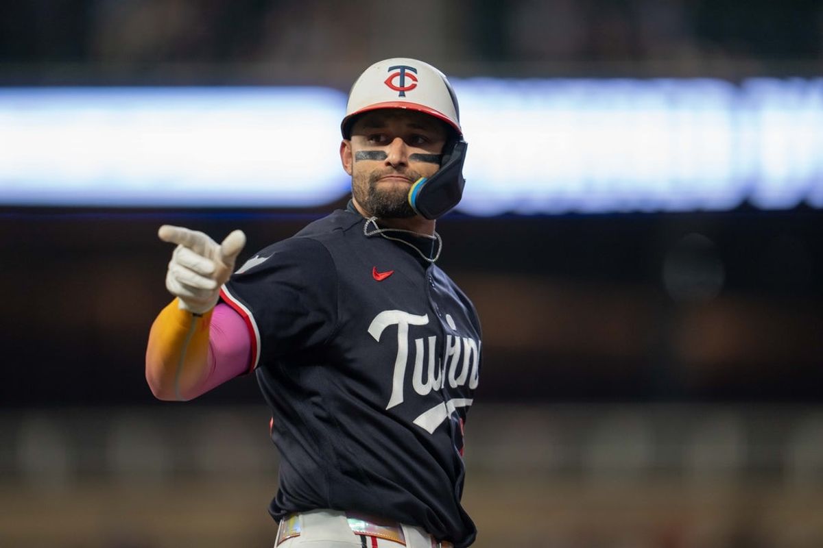Sep 1, 2026; Minneapolis, Minnesota, USA;  Minnesota Twins first baseman Royce Lewis (23) celebrates hitting a home run against the Detroit Tigers in the sixth inning at Target Field.  Mandatory Credit: Jesse Johnson-Imagn Images