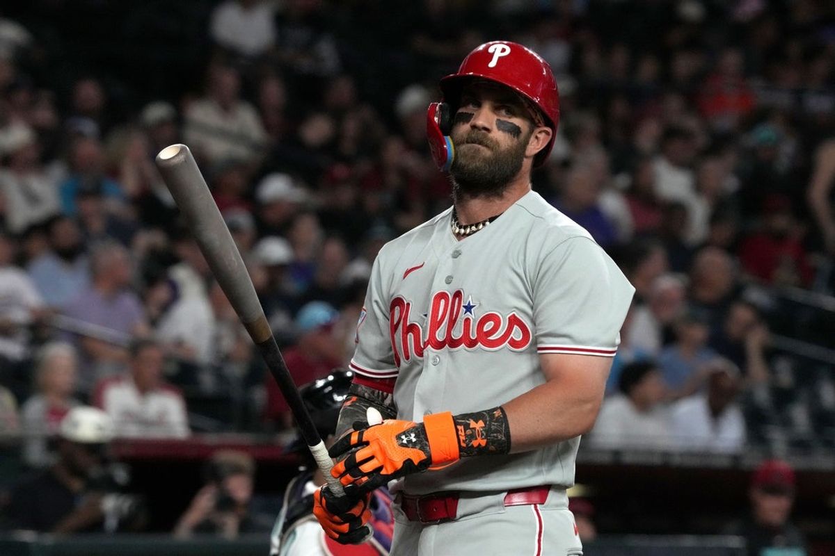 Sep 1, 2026; Phoenix, Arizona, USA;  Philadelphia Phillies first baseman Bryce Harper (3) reacts after missing a pitch against the Arizona Diamondbacks in the first inning at Chase Field.  Mandatory Credit: Rick Scuteri-Imagn Images