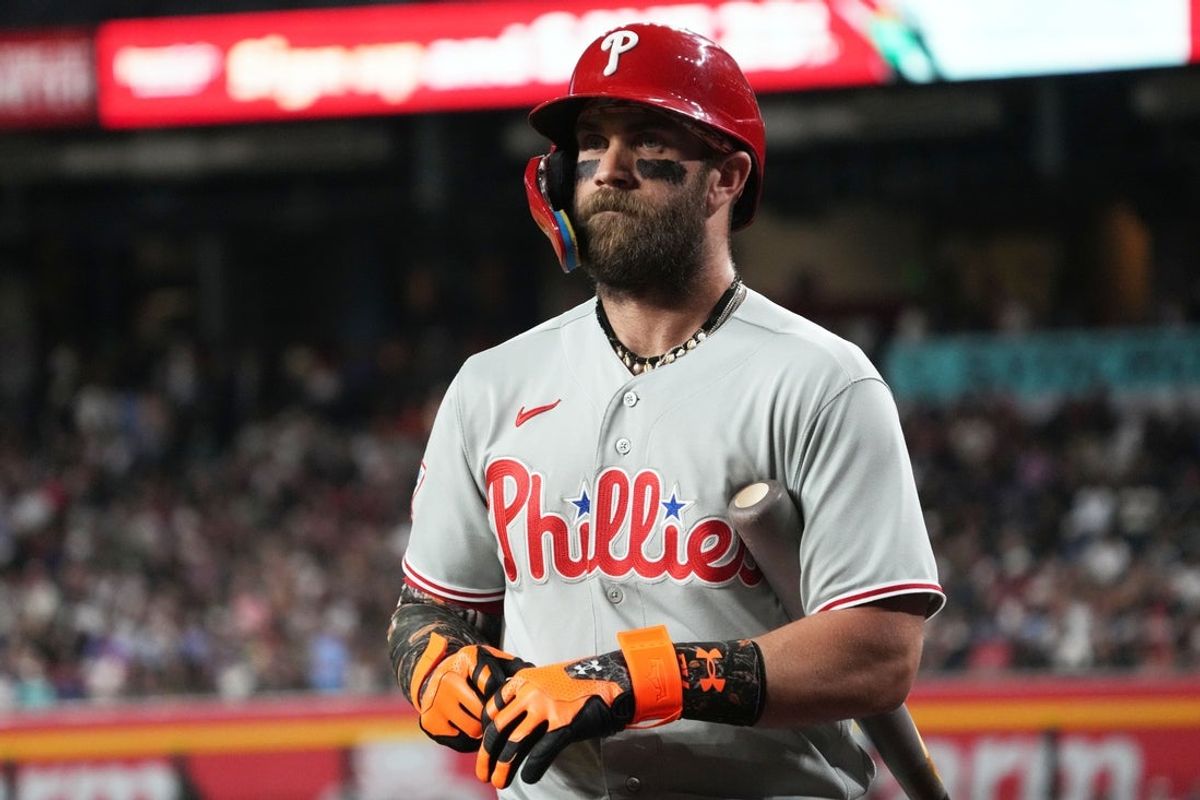 Sep 1, 2026; Phoenix, Arizona, USA;  Philadelphia Phillies first baseman Bryce Harper (3) prepares for an at bat against the Arizona Diamondbacks in the third inning at Chase Field.  Mandatory Credit: Rick Scuteri-Imagn Images