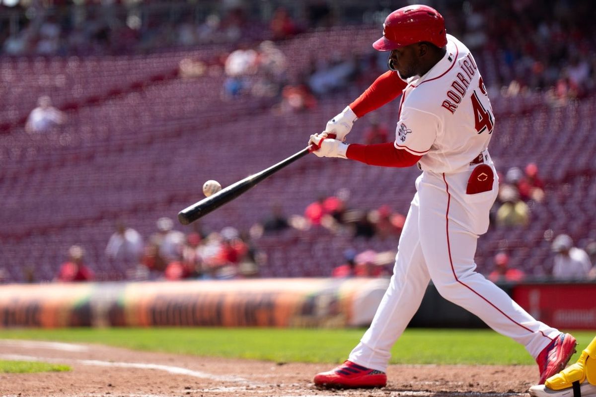 Cincinnati Reds right fielder Héctor Rodríguez (43) hits a solo home run in the third inning of the MLB game between the San Diego Padres and Cincinnati Reds at Great American Ball Park in Cincinnati on Wednesday, September 2, 2026.