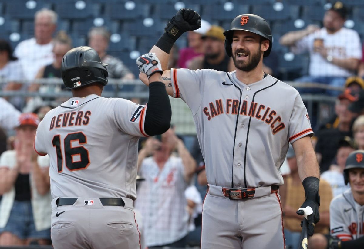 Sep 2, 2026; Pittsburgh, Pennsylvania, USA;  San Francisco Giants designated hitter Bryce Eldridge (right) greets first baseman Rafael Devers (16) crossing home plate on a solo home run against the Pittsburgh Pirates during the first inning at PNC Park.  Mandatory Credit: Charles LeClaire-Imagn Images