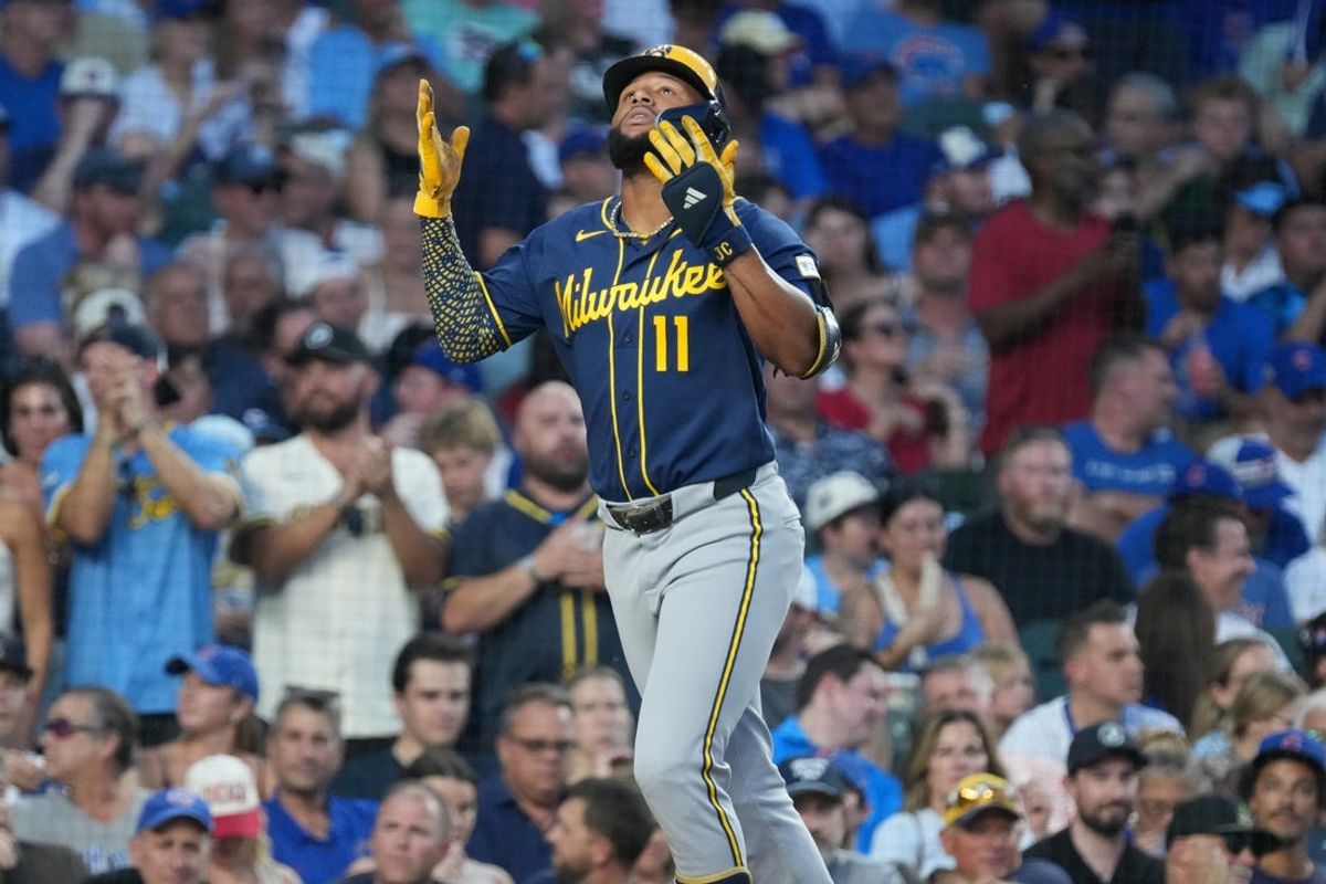 Sep 2, 2026; Chicago, Illinois, USA;  Milwaukee Brewers left fielder Jackson Chourio (11) gestures after hitting a home run against the Chicago Cubs during the second inning at Wrigley Field.  Mandatory Credit: David Banks-Imagn Images
