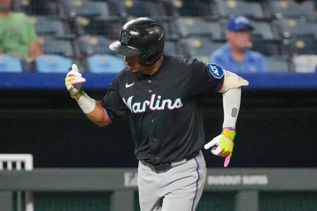 Sep 2, 2026; Kansas City, Missouri, USA; Miami Marlins third baseman Javier Sanoja (8) celebrates after hitting a solo home run against the Kansas City Royals during the ninth inning at Kauffman Stadium. Mandatory Credit: Denny Medley-Imagn Images