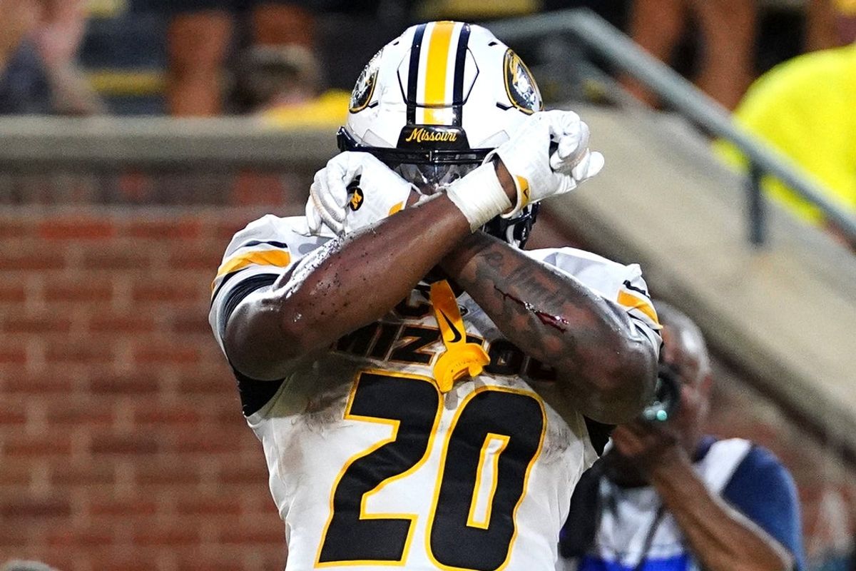 Sep 3, 2026; Columbia, Missouri, USA;  Missouri Tigers running back Jamal Roberts (20) celebrates after scoring a touchdown against the Arkansas-Pine Bluff Golden Lions during the first half at Faurot Field at Memorial Stadium.  Mandatory Credit: Denny Medley-Imagn Images