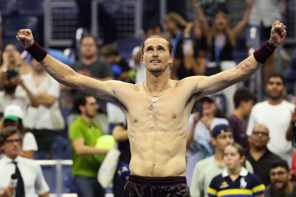 September 4, 2026; New York, United States; Germany's Alexander Zverev celebrates after winning his second round match against France's Quentin Halys.  Mandatory Credit: Geoff Burke-Imagn Images
