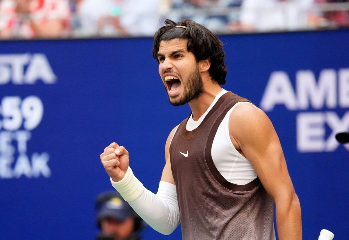 September 4, 2026; New York, United States;  Spain's Carlos Alcaraz celebrates winning the second set during his third round match against China's Yibing Wu.  Mandatory Credit: Robert Deutsch-Imagn Images