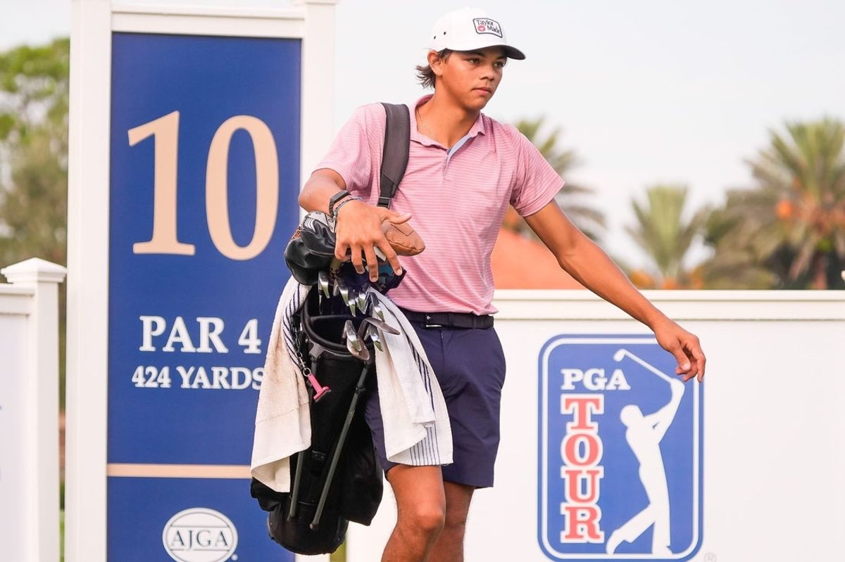 Charlie Woods walks off the 10th tee box during the first round of the Junior Players Championship, at the Stadium Course Friday September 4, 2026 in Ponte Vedra Beach, Fla.