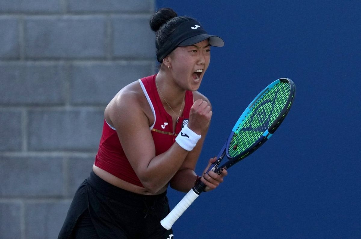 September 4, 2026; New York, United States; Ann Li of the U.S. celebrates winning the second set of her third round match against Czech Republic's Linda Noskova.  Mandatory Credit: Jerry Lai-Imagn Images