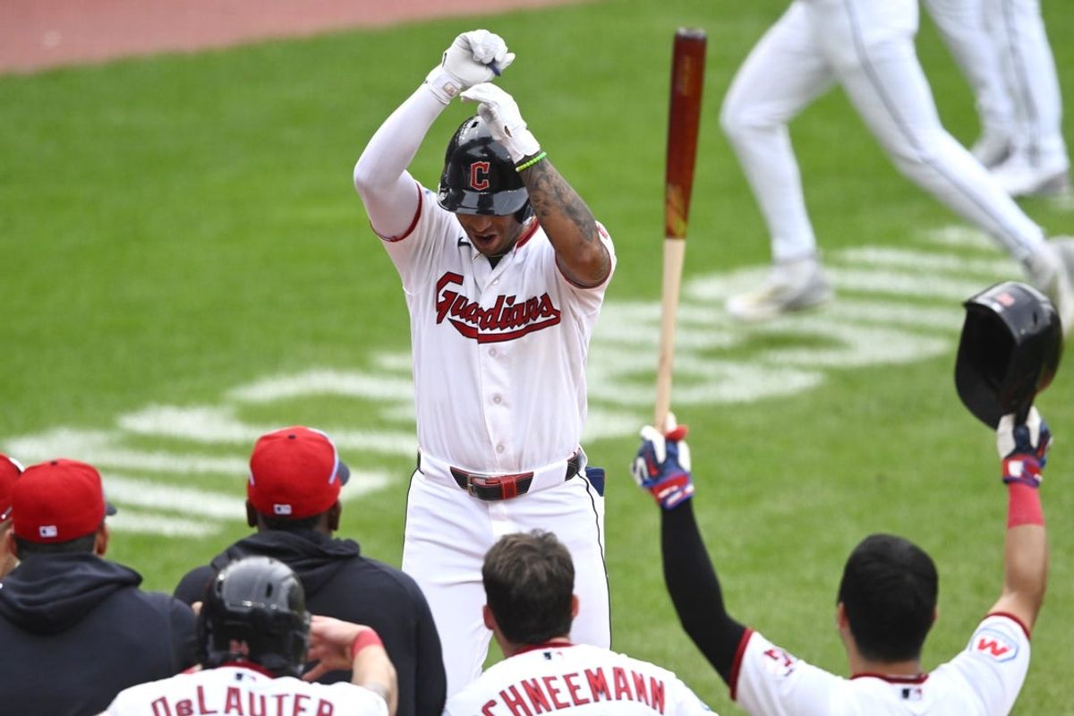 Sep 4, 2026; Cleveland, Ohio, USA;  Cleveland Guardians shortstop Brayan Rocchio (4) celebrates his walk-off solo home run in the ninth inning against the Detroit Tigers at Progressive Field.  Mandatory Credit: David Richard-Imagn Images