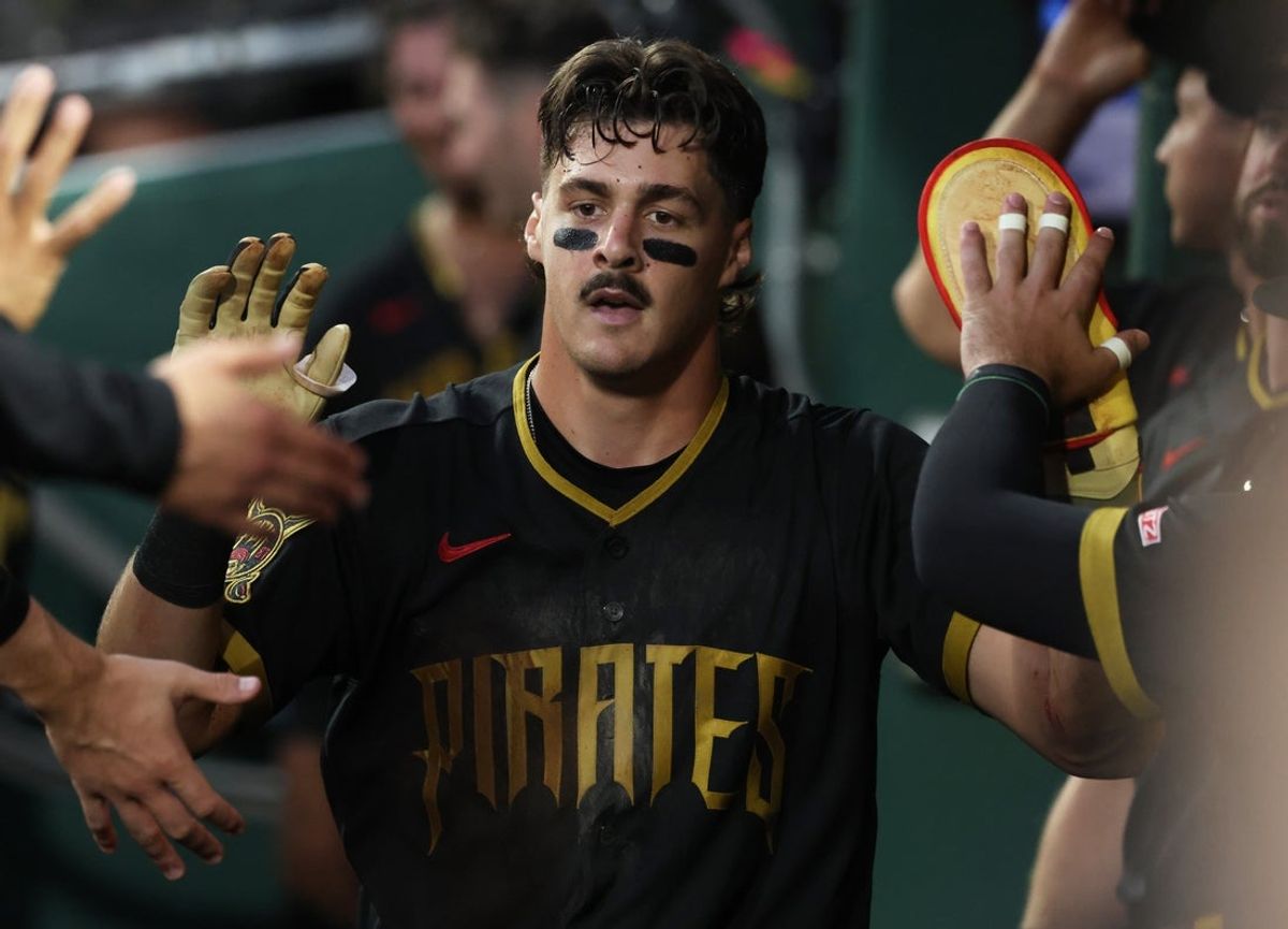 Sep 4, 2026; Pittsburgh, Pennsylvania, USA;  Pittsburgh Pirates shortstop Konnor Griffin (6) high-fives in the dugout after scoring a run against the Los Angeles Angels during the second inning at PNC Park.  Mandatory Credit: Charles LeClaire-Imagn Images