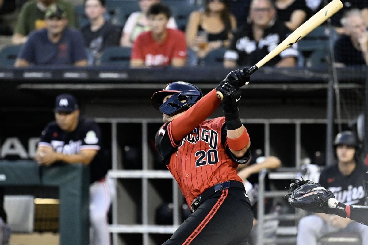 Sep 4, 2026; Chicago, Illinois, USA;  Chicago White Sox third baseman Miguel Vargas (20) hits a solo home run during the first inning against the Minnesota Twins at Rate Field.  Mandatory Credit: Matt Marton-Imagn Images