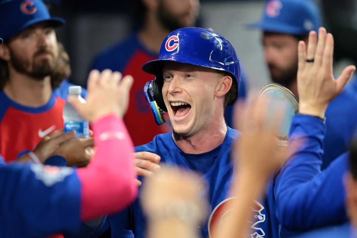 Sep 4, 2026; Miami, Florida, USA; Chicago Cubs center fielder Pete Crow-Armstrong (4) celebrates after scoring against the Miami Marlins during the seventh inning at loanDepot Park. Mandatory Credit: Sam Navarro-Imagn Images