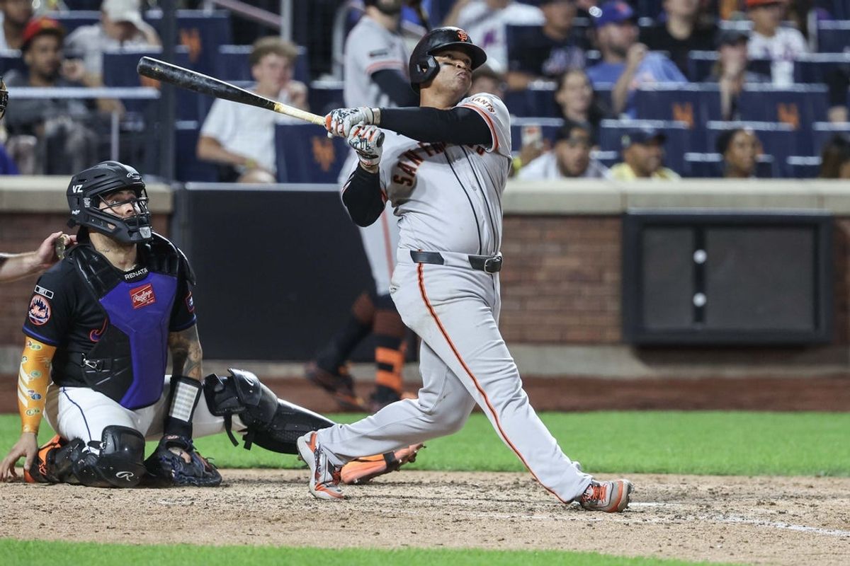 Sep 4, 2026; New York City, New York, USA;  San Francisco Giants first baseman Rafael Devers (16) hits a three run home run in the eighth inning against the New York Mets at Citi Field.  Mandatory Credit: Wendell Cruz-Imagn Images