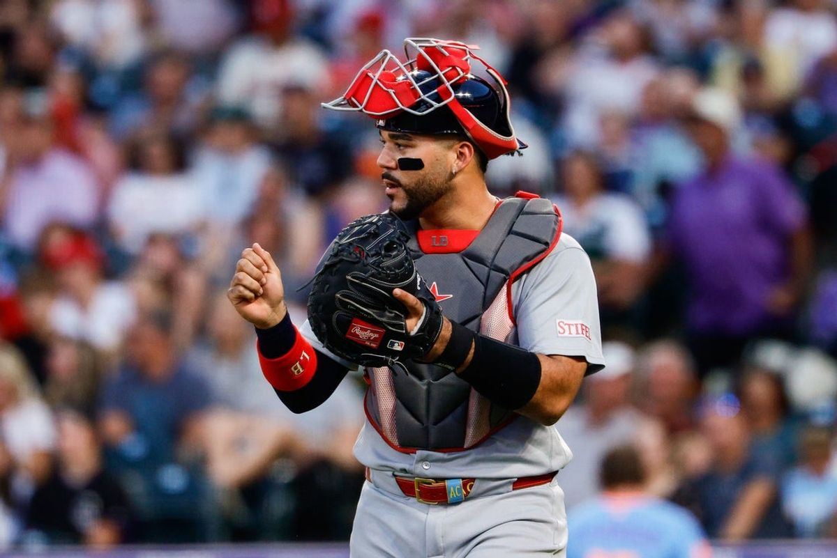 Sep 4, 2026; Denver, Colorado, USA; St. Louis Cardinals catcher Leo Bernal (13) reacts at the end of the second inning against the Colorado Rockies at Coors Field. Mandatory Credit: Isaiah J. Downing-Imagn Images
