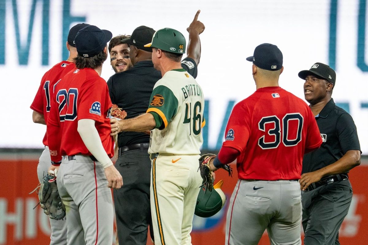 Sep 4, 2026; Baltimore, Maryland, USA;  Baltimore Orioles infielder Blaze Alexander (23) shouts at multiple Boston Red Sox players in a possible altercation in the either inning at Oriole Park at Camden Yards.  Mandatory Credit: Jamie LeBlanc-Imagn Images
