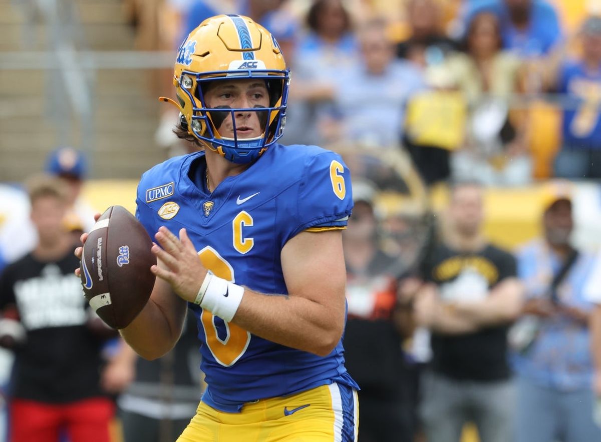 Sep 5, 2026; Pittsburgh, Pennsylvania, USA;  Pittsburgh Panthers quarterback Mason Heintschel (6) passes against the Miami (OH) RedHawks during the first quarter at Acrisure Stadium.  Mandatory Credit: Charles LeClaire-Imagn Images