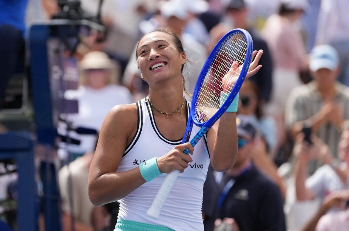 September 5, 2026; New York, United States;  China's Qinwen Zheng celebrates winning her third round match against Madison Keys of the U.S.  Mandatory Credit: Jerry Lai-Imagn Images