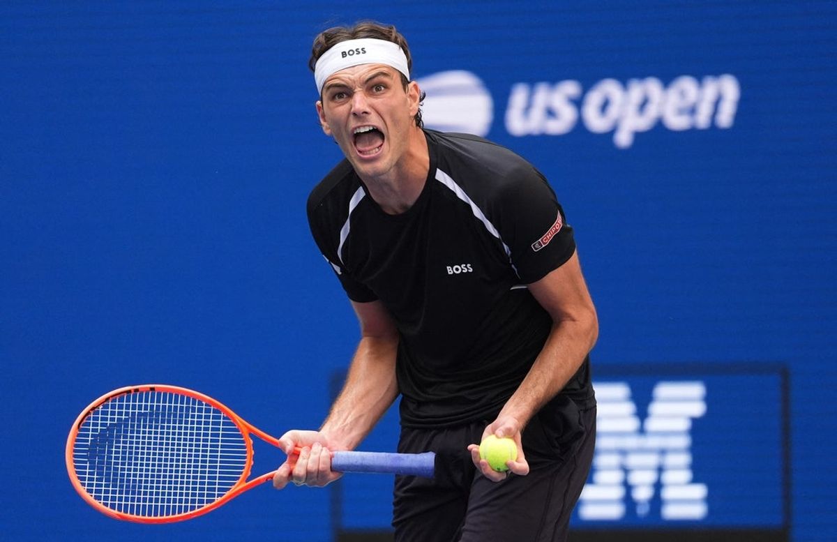 September 5, 2026; New York, United States; Taylor Fritz of the U.S. reacts during his third round match against Argentina's Francisco Cerundolo.  Mandatory Credit: Robert Deutsch-Imagn Images