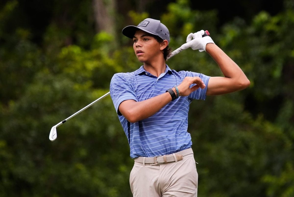 Charlie Woods tees off of 8 during the second round of the Junior Players Championship, at the Stadium Course at TPC Sawgrass, Saturday September 5, 2026 in Ponte Vedra Beach, Fla. [Doug Engle/Florida Times-Union]