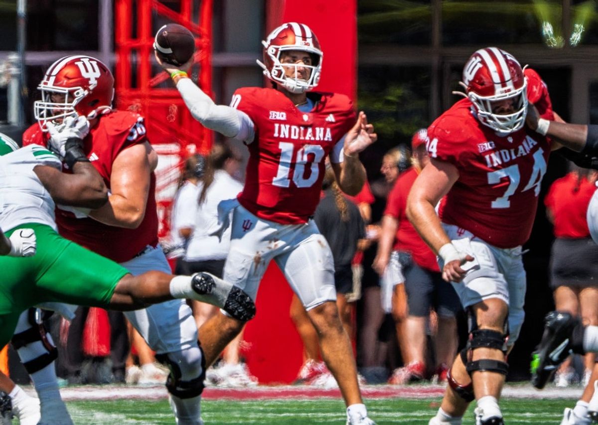 Indiana's Josh Hoover (10) passes during the Indiana versus North Texas football game at Memorial Stadium on Saturday, Sept. 5, 2026.