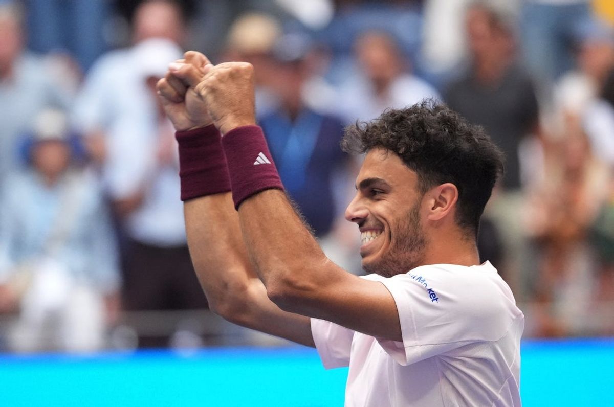 September 5, 2026; New York, United States;  Argentina's Francisco Cerundolo celebrates winning his third round match against Taylor Fritz of the U.S.  Mandatory Credit: Robert Deutsch-Imagn Images