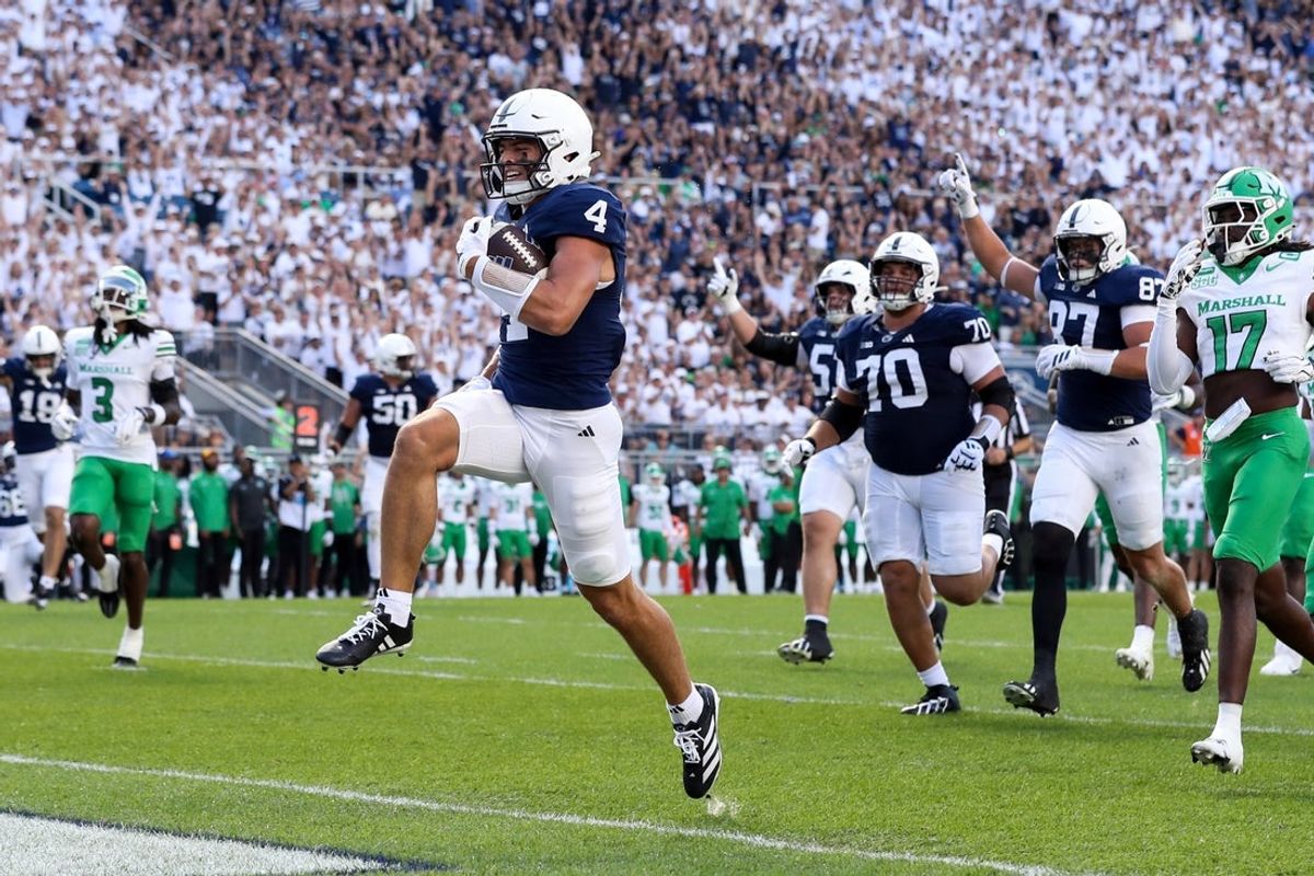 Sep 5, 2026; University Park, Pennsylvania, USA;  Penn State Nittany Lions wide receiver Brett Eskildsen (4) runs the ball into the end zone for a touchdown during the first quarter against the Marshall Thundering Herd at West Shore Home Field at Beaver Stadium.  Mandatory Credit: Matthew O'Haren-Imagn Images