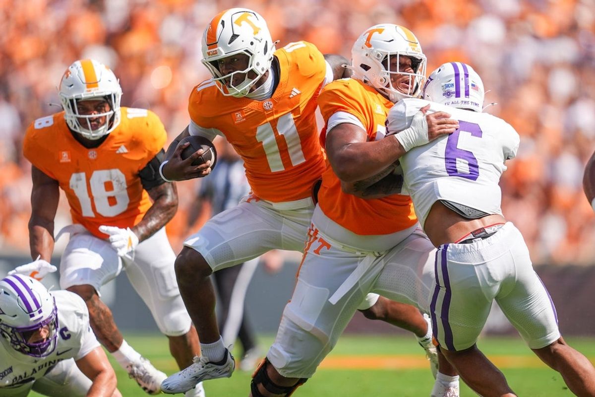 Tennessee quarterback Faizon Brandon (11) sneaks through carrying the ball during a Tennessee football game against Furman at Neyland Stadium in Knoxville, Tenn., on Sept. 5, 2026.
