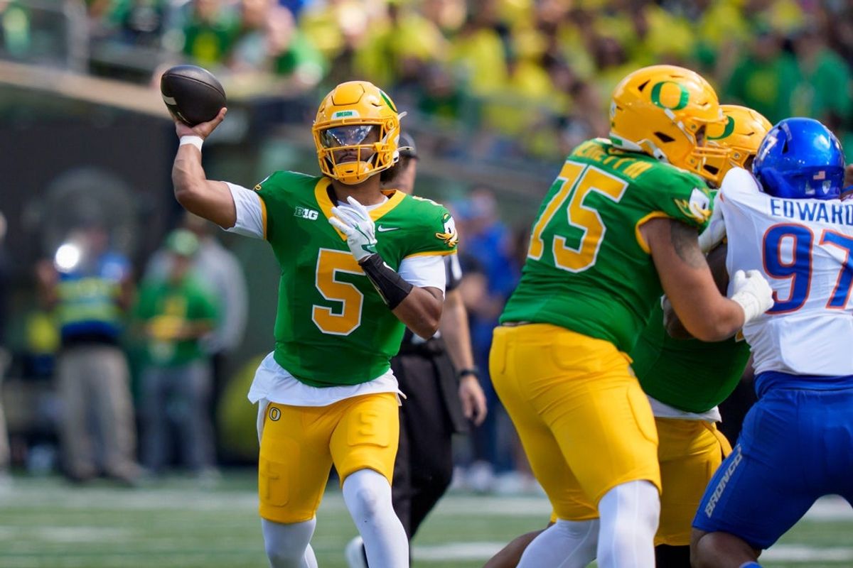 Oregon quarterback Dante Moore throws a pass as the Oregon Ducks host the Boise State Broncos on Sept. 5, 2026, at Autzen Stadium in Eugene, Oregon.