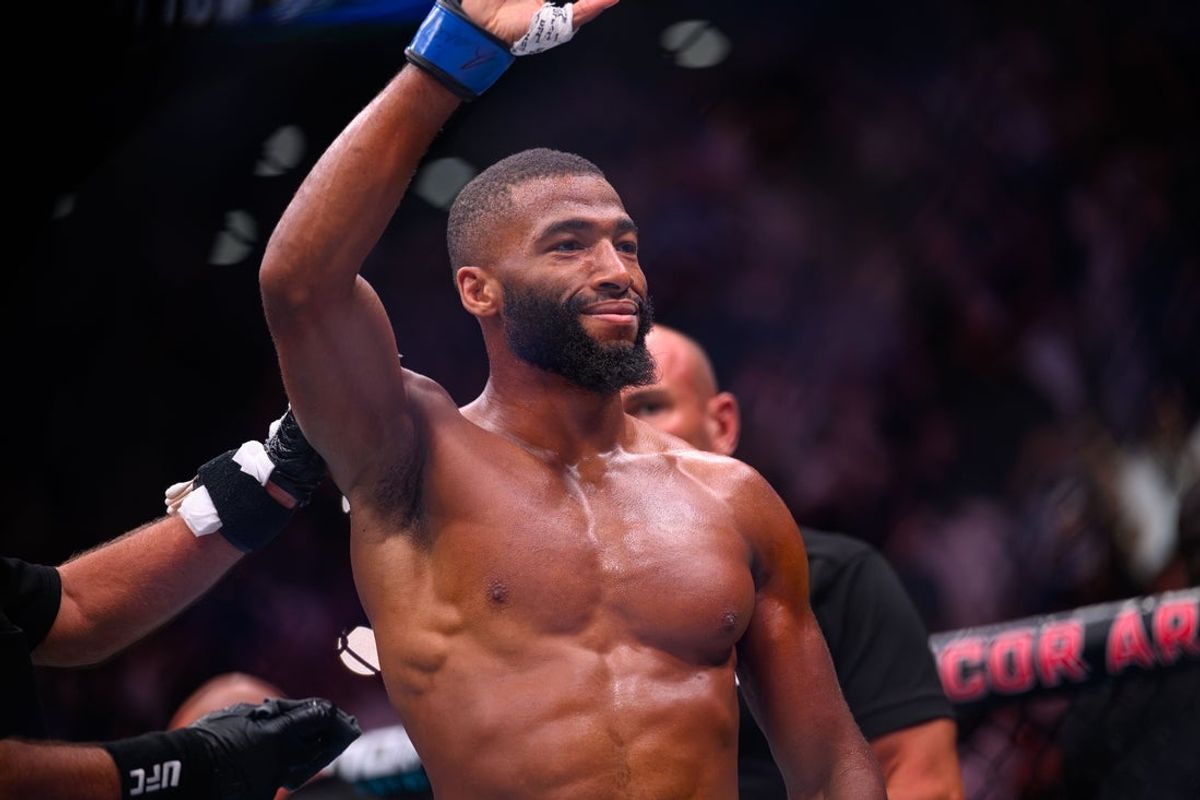 Sep 5, 2026; Paris, FRANCE; Salahdine Parnasse (blue gloves) reacts after defeating Dan Hooker (not pictured) during UFC Fight Night at Accor Arena. Mandatory Credit: Per Haljestam-Imagn Images