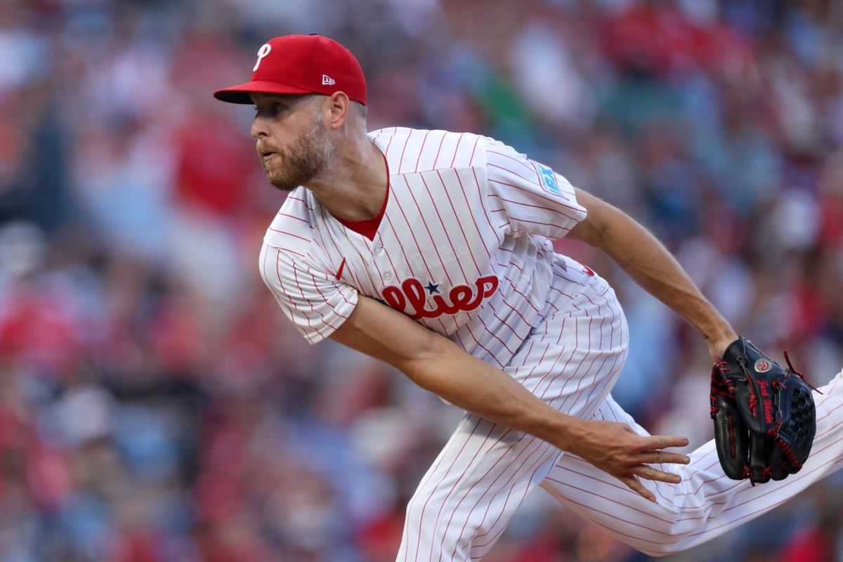 Sep 5, 2026; Philadelphia, Pennsylvania, USA; Philadelphia Phillies pitcher Zack Wheeler (45) throws a pitch against the Atlanta Braves during the first inning at Citizens Bank Park. Mandatory Credit: Bill Streicher-Imagn Images