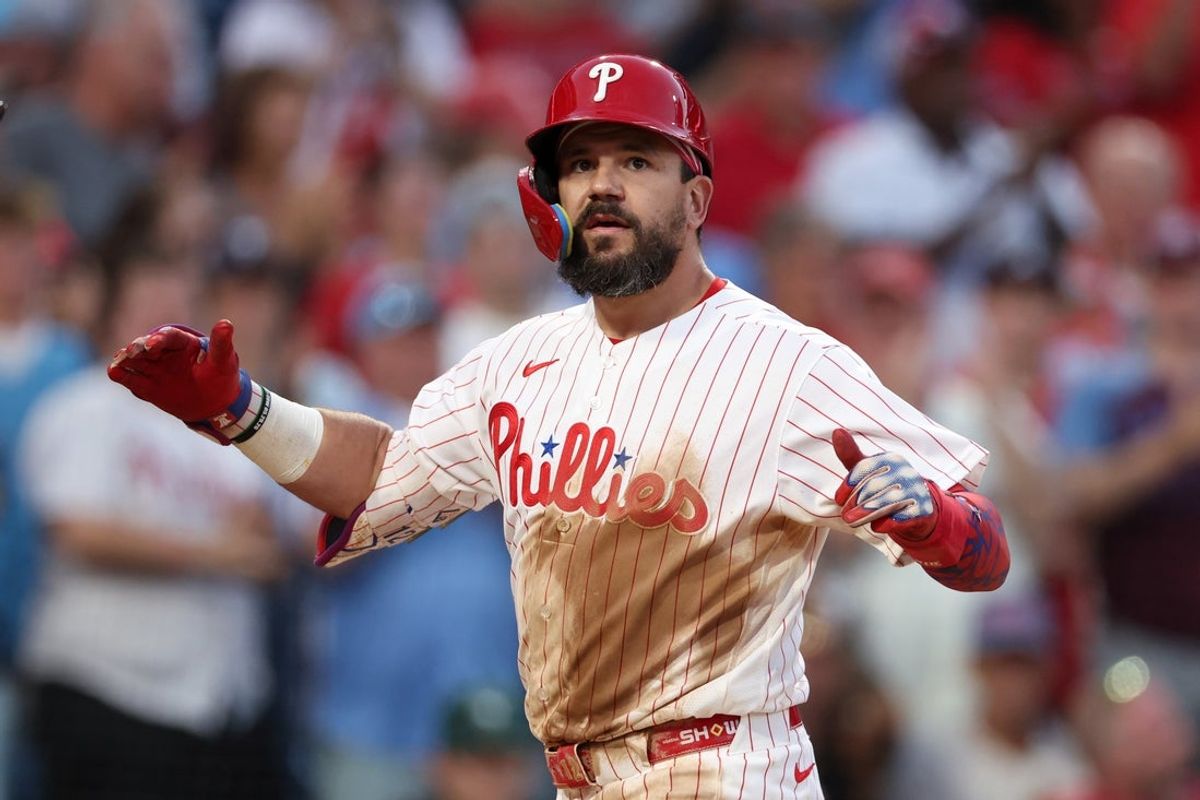Sep 5, 2026; Philadelphia, Pennsylvania, USA; Philadelphia Phillies designated hitter Kyle Schwarber (12) reacts after hitting a home run against the Atlanta Braves during the fourth inning at Citizens Bank Park. Mandatory Credit: Bill Streicher-Imagn Images