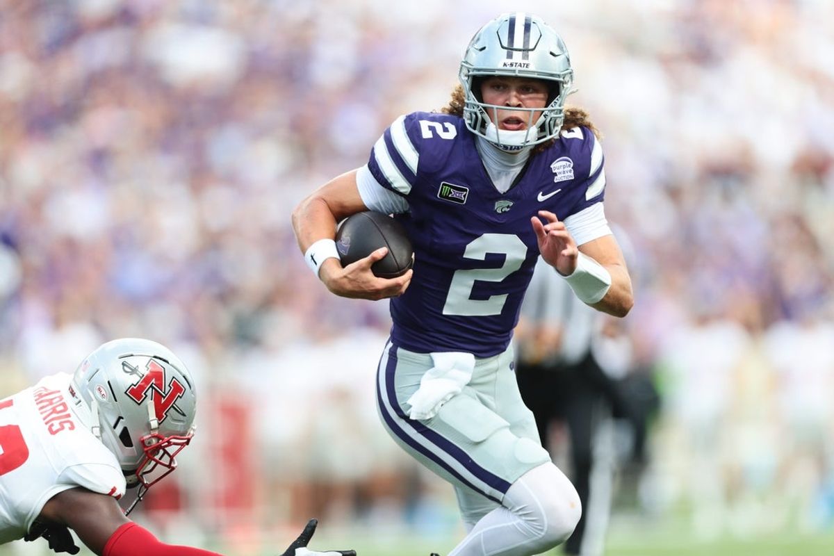 Kansas State Wildcats quarterback Avery Johnson (2) runs the ball in for a touchdown during the game against Nicholls Colonels inside Bill Snyder Family Stadium on Sept. 5, 2026.