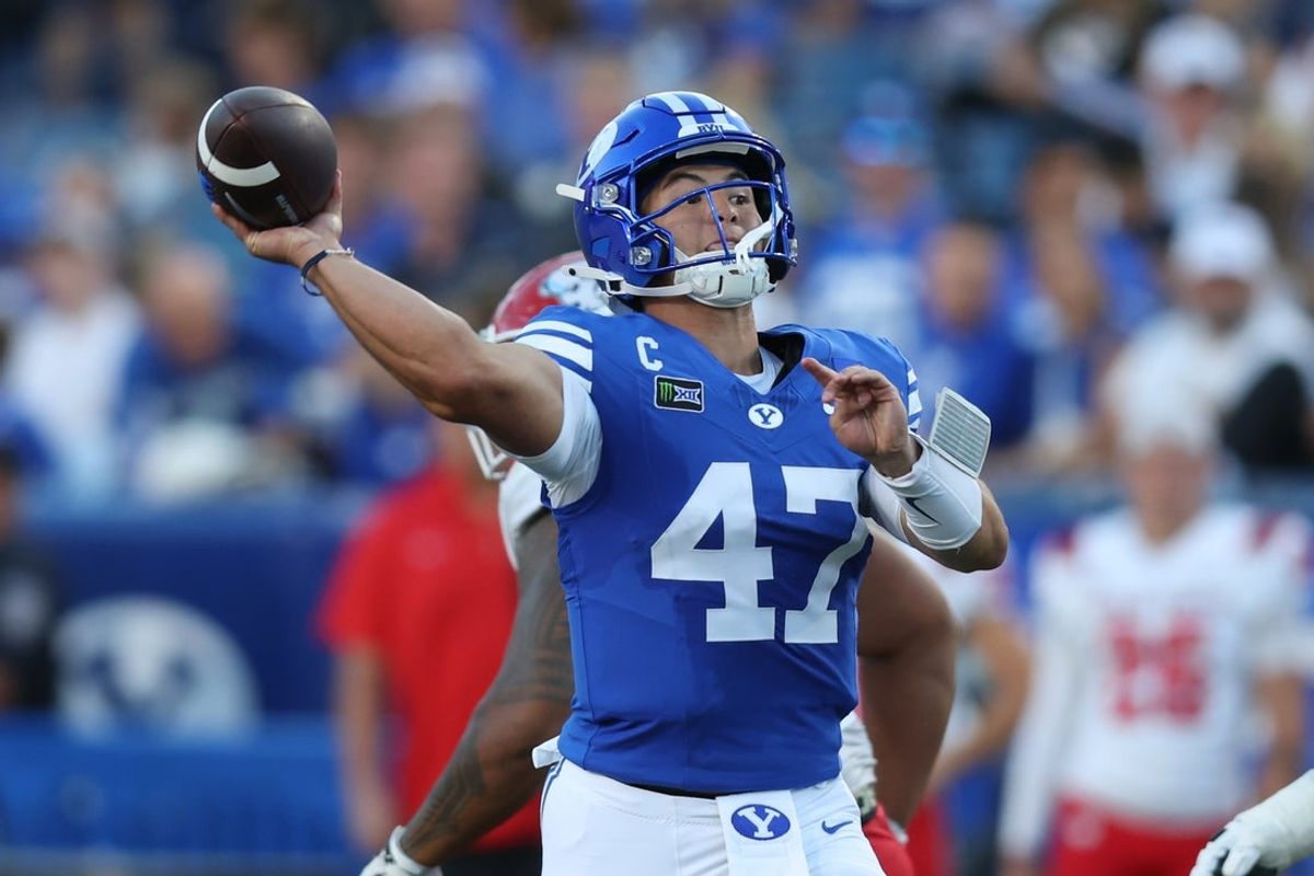 Sep 5, 2026; Provo, Utah, USA;  BYU Cougars quarterback Bear Bachmeier (47) throws a pass against the Utah Tech Trailblazers during the second quarter at LaVell Edwards Stadium.  Mandatory Credit: Rob Gray-Imagn Images