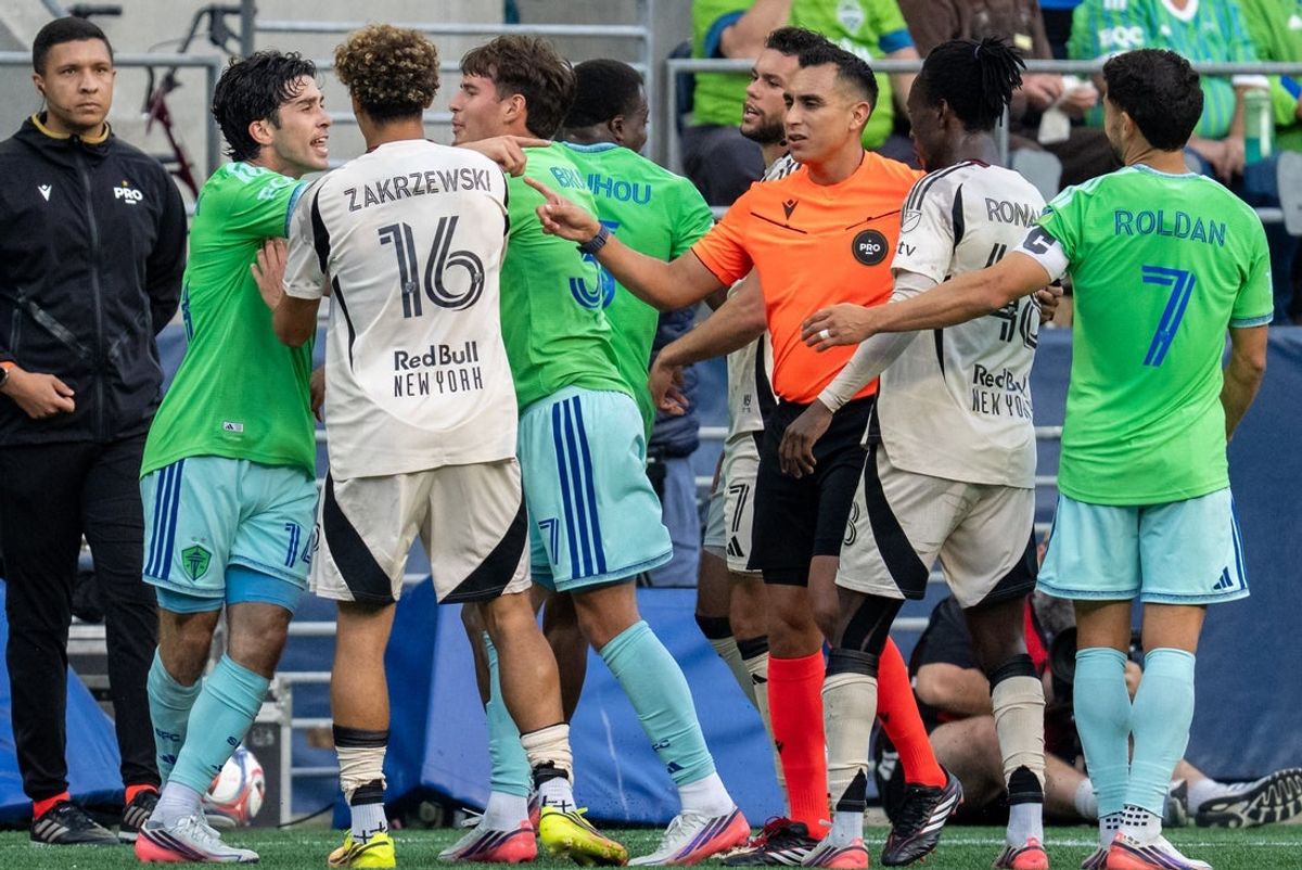 Sep 5, 2026; Seattle, Washington, USA;  Seattle Sounders players and Red Bull New York players scuffle during the first half at Lumen Field. Mandatory Credit: Stephen Brashear-Imagn Images