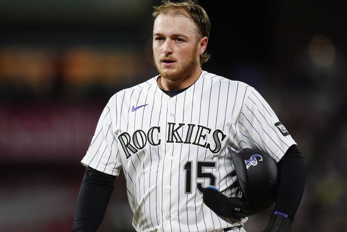 Sep 5, 2026; Denver, Colorado, USA;  Colorado Rockies catcher Hunter Goodman (15) during a time out in the seventh inning against the St. Louis Cardinals at Coors Field.  Mandatory Credit: Ron Chenoy-Imagn Images